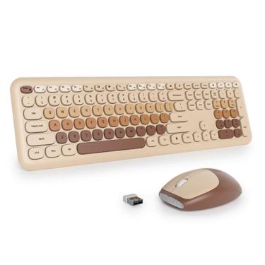 Imagem de surmen Lindo teclado e mouse marrom sem fio, estilo máquina de escrever retrô, sem fio, silencioso, colorido, baixo ruído, 2,4 GHz, para casa e escritório, 666 café