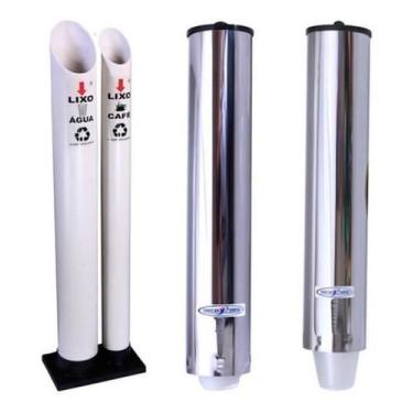 Imagem de Kit Lixeira Dupla Suporte Copo Descartável Água Café Inox - JSN