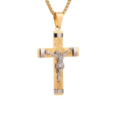 Imagem de Scddboy Colar com pingente de cruz de aço inoxidável crucifixo de Jesus 3D com versículo da Bíblia, hipoalergênico, impermeável, com corrente ajustável de 23,6 + 5 cm, Aço inoxidável, Cruz