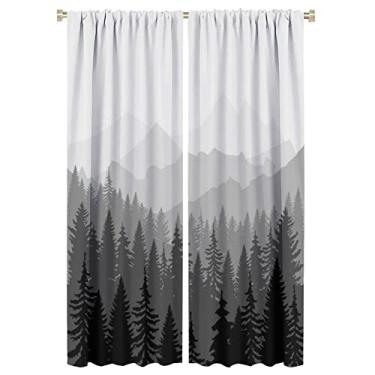 Imagem de Cortinas blackout floresta montanhas árvores no nevoeiro floresta natureza paisagem preto cinza arte impressa para sala de estar quarto decoração varão bolso cortinas janela 2 painéis 106,66x160 cm