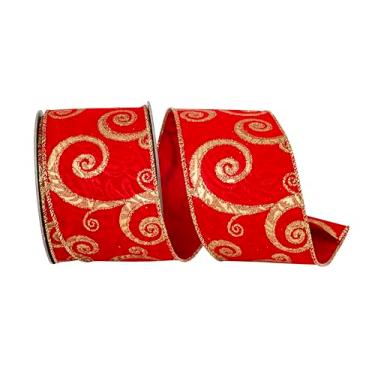 Imagem de Reliant Ribbon Fita de borda com fio de veludo com glitter em relevo, vermelho/dourado