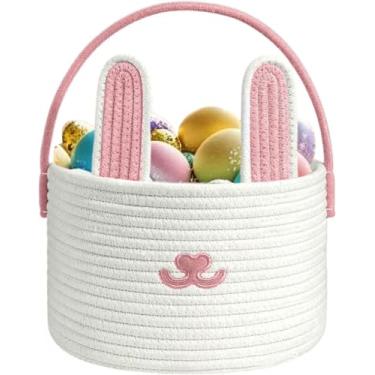 Imagem de Poschnor Linda cesta de Páscoa, cesta grande de coelhinho da Páscoa, com corda de algodão, para meninas, meninos, crianças, bebês, com sacos de presente e fitas, rosa