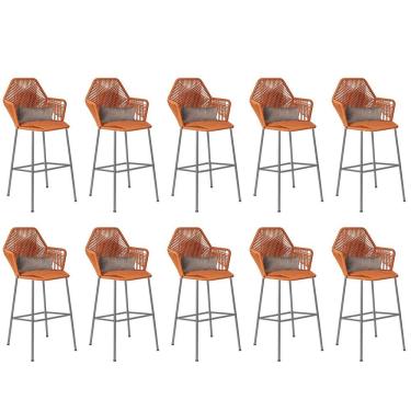 Imagem de Kit 10 Banqueta Alta Com Encosto Balcão Ferro Prata Fibra Terracota Almofada Sintético Bege