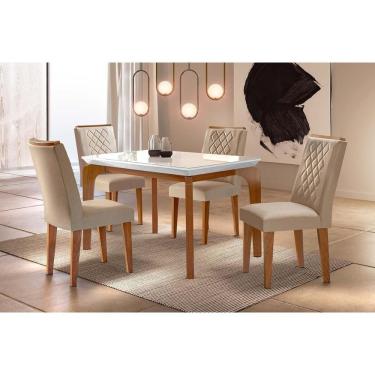 Imagem de Kit Mesa Londrina C- Tampo Vidro 120cm + 4 Cadeiras Imbuia Creme