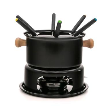 Imagem de Panela de Fondue 11 Peças Monte Verde Preto em Aço com Cabo de Madeira, Queimador a Álcool, Garfos Coloridos e Capacidade de 1,5L para Carne, Queijo, Chocolate – Meridional