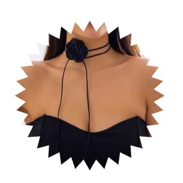 Imagem de Sttiafay Colar gargantilha vintage de flor de veludo preto, colar de flor de veludo longo, colar de renda, gótico, preto, camurça, flor, cosplay, bijuteria para mulheres, Zinco, Sem Pedra Preciosa