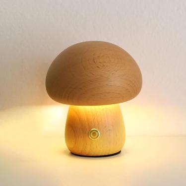 Imagem de Lâmpada De Cogumelo Para Crianças, Mini Lâmpada Portátil Regulável Sem Fio, Pequena Lâmpada De Cabeceira Recarregável Com Carregamento Usb, Luz Noturna De Madeira Led P, Beech a