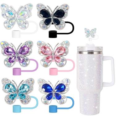 Imagem de 6 peças de topo de palha brilhante, tampas de palha de borboleta de diamante colorido compatível com copos Stanley 30 & 1,134 g copo com alça, 10 mm/4 polegadas reutilizável silicone bling Stanley Cup