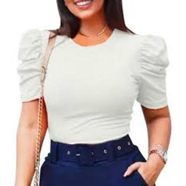 Imagem de Blusa feminina gola rasa manga curta princesa bufante malha canelada c