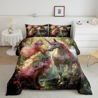 Imagem de Manfei Conjunto de edredom infantil de conto de princesas, cavalo, unicórnio, borboleta, selva, país das maravilhas, decoração de quarto de meninas, meninos, flores botânicas, enchimento de edredom