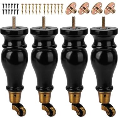 Imagem de TCHOSUZ" / 22 Cm Pernas de Móveis de Madeira com Rodízios, Pacote de 4 Clássico Preto Madeira Maciça Redondo Diy Substituição Bun Pés para Diy Projeto Sofá Sofá Gabinete Pufe Cama Riser