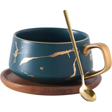 Imagem de Conjunto De Xícaras De Café De Cerâmica Com Padrão Dourado Fosco Marmorizado, Xícaras De Cappuccino Estilo Boêmia Nórdica, Xícaras De Chá, Canecas Com Colher, Di, Black, 360 ML
