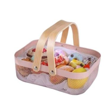 Imagem de Cesta Piquenique,Cesto Fruteira Organizador de UtensíLios Decorativo Caixa Organizadora Bambu E Inox(ROSA GRANDE)