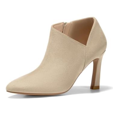 Imagem de Coutgo Botas femininas de bico fino com corte em V, salto gatinho, zíper lateral, para escritório, Bege, 40