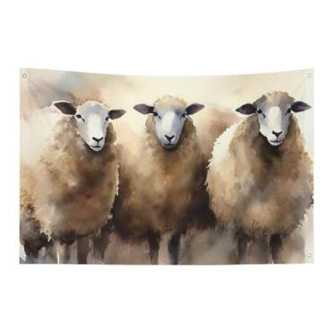Imagem de Bandeira de aquarela de ovelhas 119 x 178 cm, sem desbotamento, bandeira de boas-vindas, jardim, quintal, casa, bandeira, decorativo, jardim, quintal, interior, exterior, festa, decoração de casa