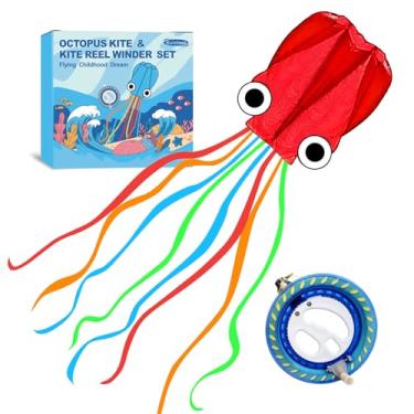 Imagem de Kaiciuss Conjunto De Pipa E Carretilha Octopus, Fácil Pilotar Para Viagens À Praia, Nice Winder Crianças Adultos, Estilo Sem Moldura Linha Única Com Kit Rodas 7,2" (Vermelho)