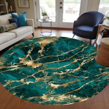 Imagem de Tapete redondo com textura de mármore, verde esmeralda, dourado, para sala de estar, quarto, quarto de hóspedes, lavável, lã macia, circular, moderno, abstrato, grande, sala de jantar, escritório