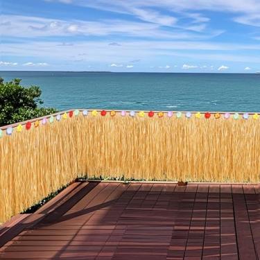 Imagem de Fovths Saia de mesa havaiana 11 m x 75 cm saia de mesa de grama luau natural com franja palha grama pano de fundo decorações de festa havaiana para suprimentos de festa Luau