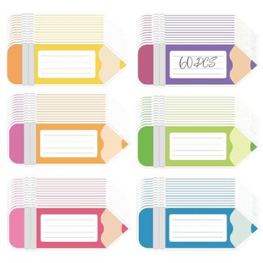 Imagem de 60 etiquetas de nome para mesas de sala de aula, lápis de papel colorido, recortes, quadro de avisos, etiquetas de nome para decoração de festa escolar em sala de aula (lápis simples)