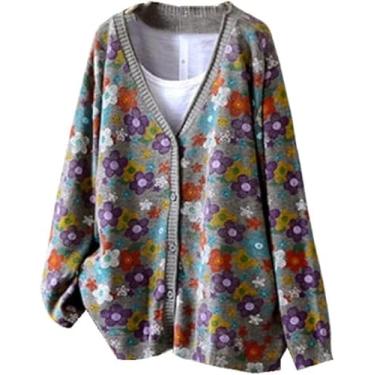 Imagem de Cardigan Feminino Cardigan Aberto Na Frente Suéter De Tricô Fino Vintage Colorido Floral Casual Elegante Jaqueta Cardigan De Malha Botão Para Baixo Casaco Leve Oversized Str, Grey, One Size