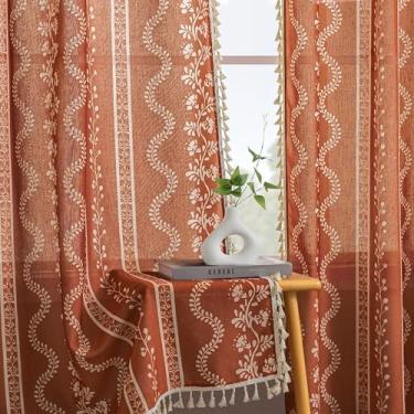 Imagem de Cortinas florais boêmias para sala de estar, cortinas transparentes de linho boêmio de terracota para quarto 246 cm de comprimento