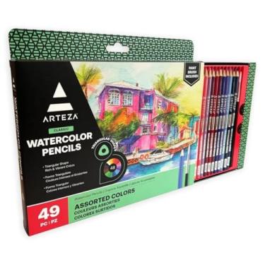 Imagem de ARTEZA Lápis de cor de aquarela para colorir adultos, conjunto de 48 lápis de desenho em forma triangular pré-fixados para adolescentes e adultos, materiais de arte para esboçar e pintar