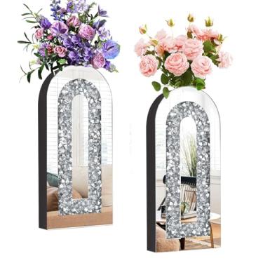 Imagem de ZEXUIRU 2 conjuntos de decoração de parede de vaso de metal redondo com strass, suporte de pampa montado na parede, decoração de vaso de flores de diamante brilhante para sala de estar e quarto