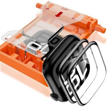 Imagem de YMHML Pacote com 2 protetores de tela de vidro temperado para Apple Watch 45 mm Series 9 8 7, [Zero Bubble] 3D cobertura total forte película transparente à prova d'água com [tecnologia de alinhamento