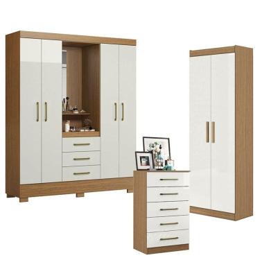 Imagem de Guarda Roupa Solteiro Paris 2045150 com Armário Multiuso 2 Portas 2000191 e Cômoda 5 Gavetas 2014140 Atacama Off White - Aramóveis