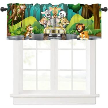 Imagem de Cortina de janela curta blackout com animais de safári, selva, tropical, safári, aventura, animais africanos, leão, elefante, macaco, blackout para quarto de bebê, 137 x 45 cm
