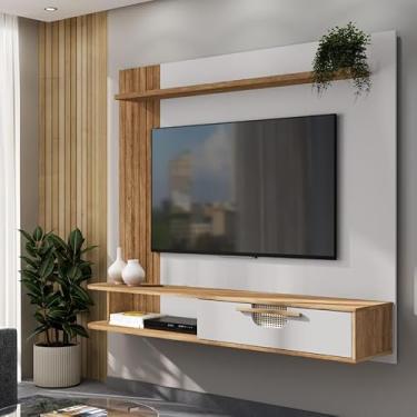 Imagem de Painel para TV Suspenso Jeri, 160 cm, Suporta TV até 65 Polegadas, MDP, com Porta Basculante em Ratan (Cinamomo/Off)