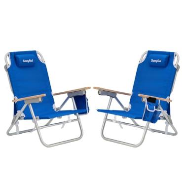 Imagem de SUNNYFEEL Cadeira de praia dobrável com encosto baixo, cadeira de praia resistente de alumínio com 3 posições reclináveis, cadeira de acampamento portátil para adultos com apoio de braço de madeira