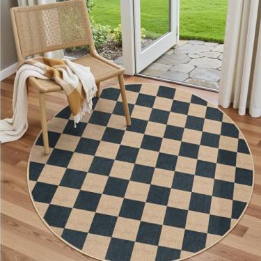 Imagem de Lahome Tapetes redondos quadriculados 1,8 m, tapete de juta fácil para pátio ao ar livre para ambientes internos e externos, fazenda natureza antiderrapante, lavável, tapete preto para sala de estar