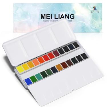Imagem de MEI LIANG Conjunto de tinta aquarela sólida de 24 cores, cores vibrantes e altamente pigmentadas, formas removíveis e paleta embutida, estojo de metal portátil para estudantes, iniciantes e esboços ao