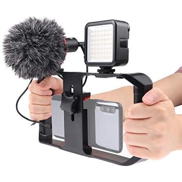 Imagem de FocusFoto PRO Suporte de suporte de câmera de vídeo para smartphone U-Rig com cabo estabilizador com microfone BOYA por -MM1 Mic+ 49 LEDs + mini kit de tripé para celular, iPhone FilmMaking Videomaker