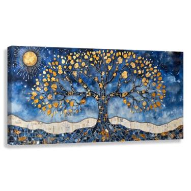 Imagem de Árvore da Vida Arte de Parede Impressão em Tela Vida Dourada Azul Dourado Decoração Imagens Pintura Cósmica Espiritual Natureza 60x30cmx1