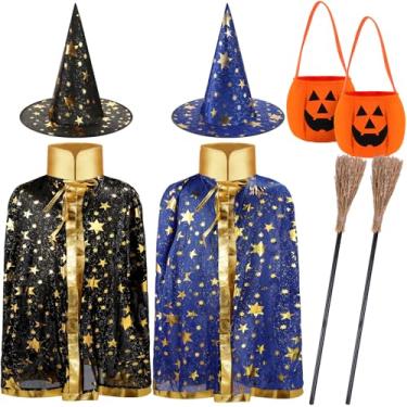 Imagem de 2 conjuntos de capa de bruxa infantil de Halloween com chapéu de feiticeiro, 2 conjuntos de vassoura de bruxa e sacos de abóbora, adereços de fantasia de Halloween para crianças com mais de 6 anos,