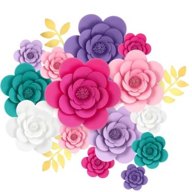 Imagem de Humyoun 24 peças de decorações de flores de papel 3D grandes para parede, quadro de avisos, artesanato artificial, rosas com folhas, decoração festiva mexicana, pano de fundo faça você mesmo artesanal