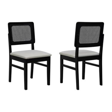Imagem de Kit 2 Cadeiras Madeira Maciça Lyon Encosto Telinha - Preto - Assento Estofado Corano Bege