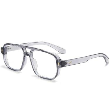 Imagem de PORADAY Óculos De Grau Aviador Quadrado Retrô Dos Anos 70, Com Bloqueio Luz Azul Para Mulheres E Homens, Retangulares Computador (Cinza Transparente)