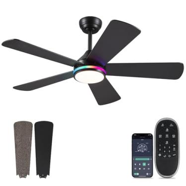 Imagem de Asyko Ventiladores de teto RGB pretos de 117 cm com luzes e controle remoto - Ventilador de teto interno de baixa porfi, 5 lâminas de dupla face, regulável de 3 CCT, luz de ventilador de teto moderna