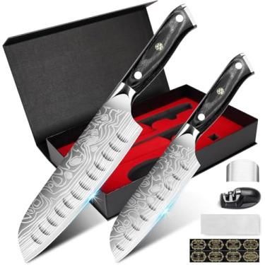 Imagem de Conjunto de facas de cozinha, facas Santoku de 14 cm + 18 cm, aço inoxidável alemão EN1.4116 de alto carbono, facas de cozinha afiadas, facas de cozinha e afiador, caixa de presente com proteção de