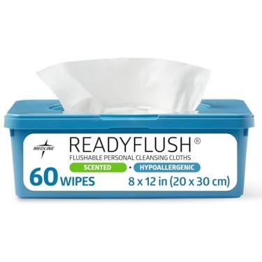 Imagem de Medline ReadyFlush Large Adult-Sized 8x12 Personal Cleansing Cloths - Tub of 60 Flushable Wipes