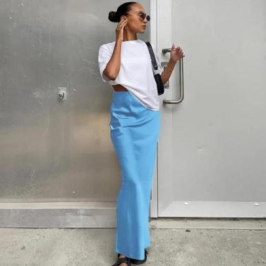 Imagem de Saia Midi De Cintura Alta Em Cetim Para Mulheres 2024 Moda Elegante Ve