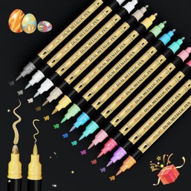 Imagem de Canetas marcadoras metálicas, canetas de tinta acrílica de ponta dupla de 12 cores para papel preto, scrapbooking, álbum de fotos, pintura rupestre, marcador de tinta para artes e artesanato faça você
