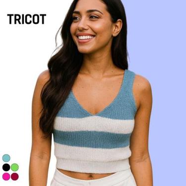 Imagem de Blusa Regata Cropped Tricot Feminino Gola V com Detalhe Bicolor Modern