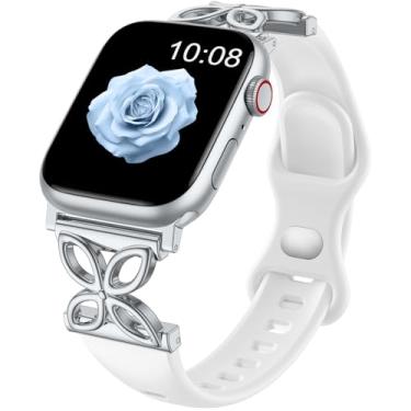 Imagem de IMIVIO Pulseira feminina de silicone fina compatível com relógio Apple 40 mm, 44 mm, 38 mm, 41 mm, 42 mm, 45 mm, 46 mm e 49 mm, elegante para Apple Watch séries 10, 9, 8, 7, 6, 5, 4, 3, 2 e SE, Ultra