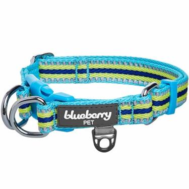 Imagem de Blueberry Pet 2021 Nova 4 Cores 3M Reflexiva Faixa Multicolorida Ajustável Coleira para Cachorro, Azul e Amarelo, Grande, Pescoço 45,72-66 cm