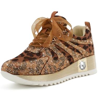 Imagem de FINDVELL Tênis feminino moderno com glitter, plataforma, plataforma, strass brilhante, cano alto, sapatos modernos de lantejoulas, vestido de noiva, Leopardo com malha, 37