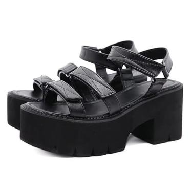 Imagem de Agodor Sandálias femininas góticas pretas plataforma tira no tornozelo salto alto grosso bico aberto slingback sapatos gladiador romano, Preto 2, 34